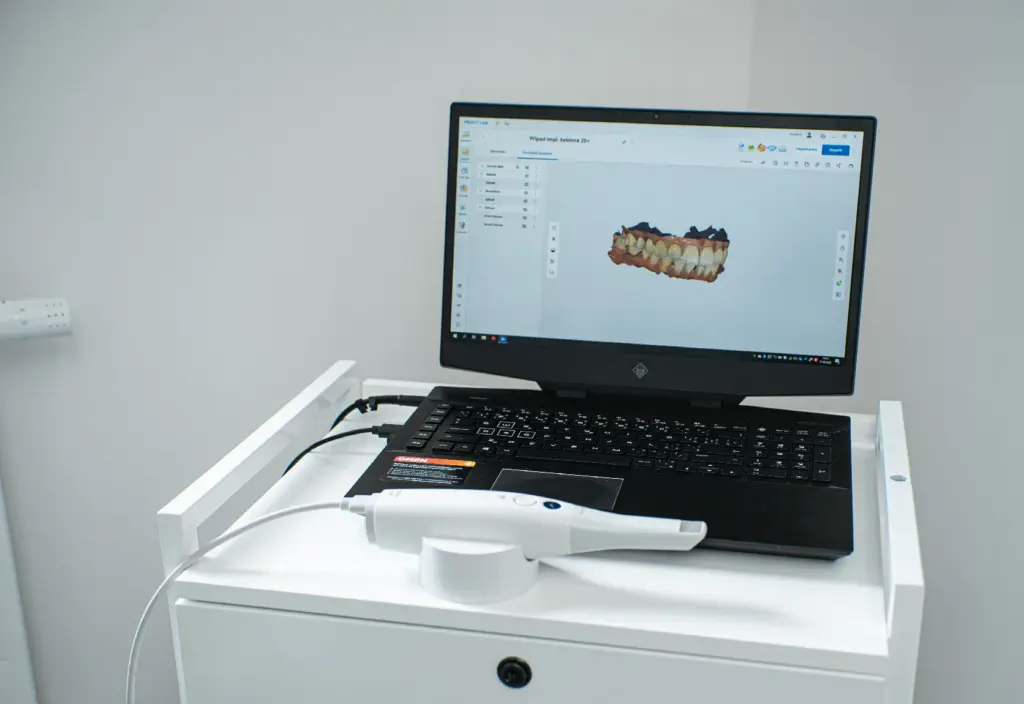Intraoralscanner und 3D-Scan der Zähne auf einem Laptop in der Praxis OneDent